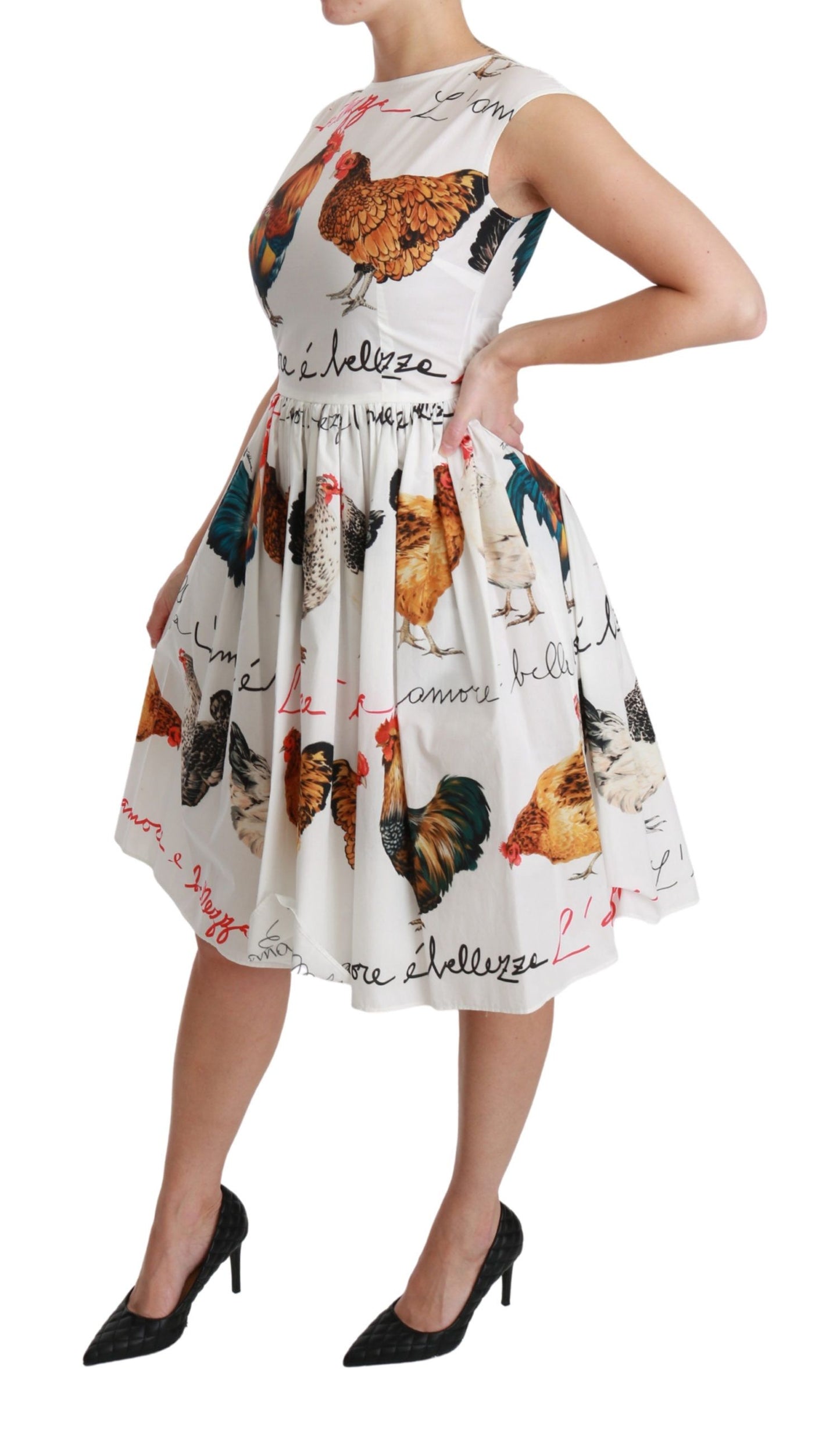 White A-Line Mini Dress with Rooster Print