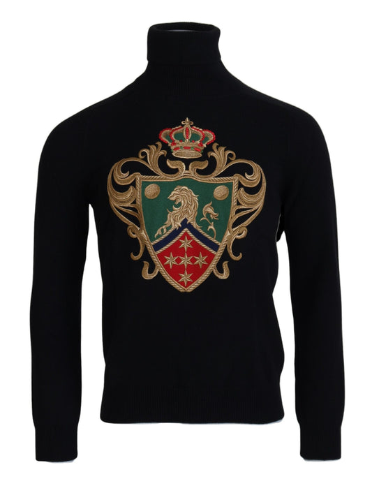 Black Cashmere Turtleneck with Gold Crown Embroidery