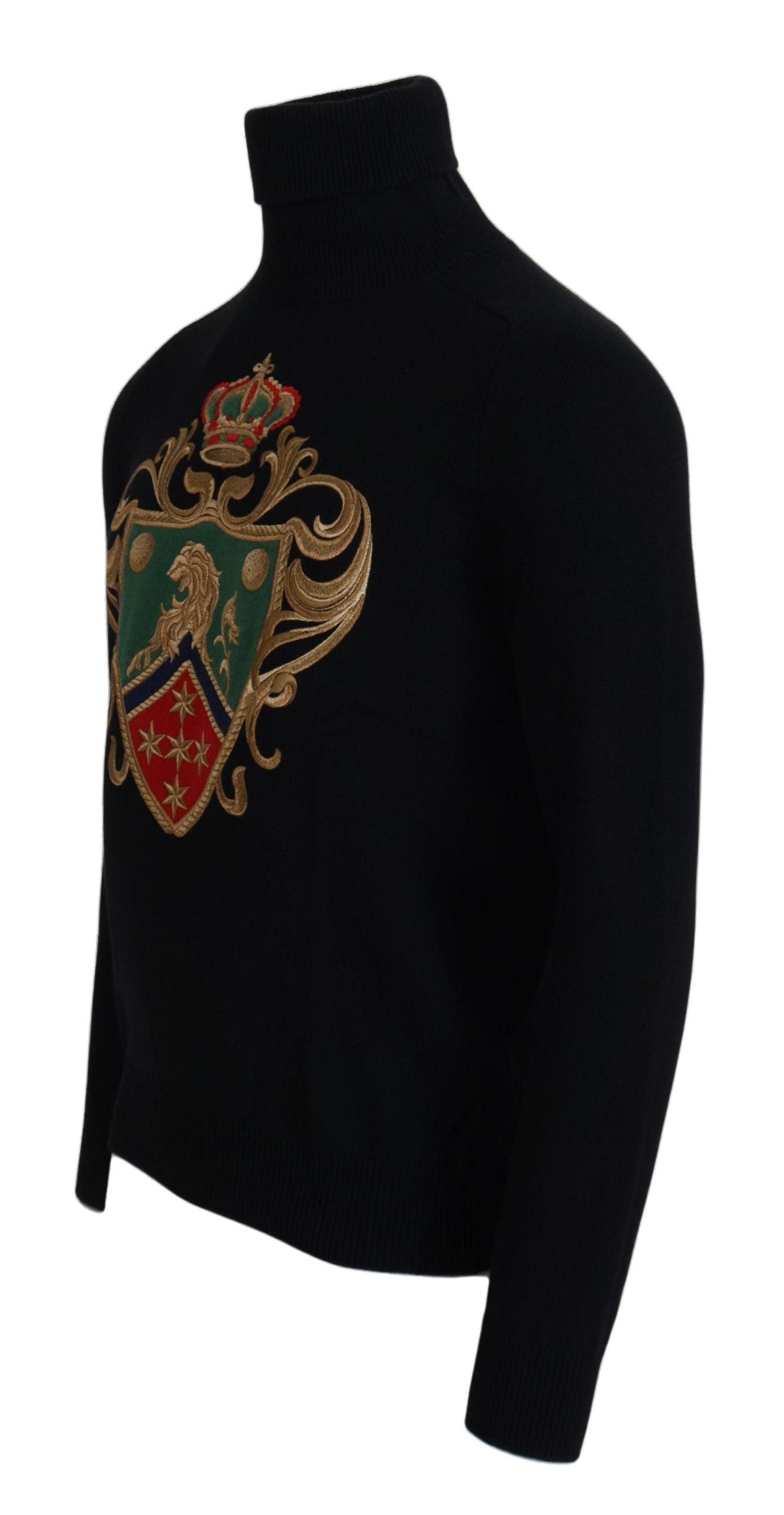 Black Cashmere Turtleneck with Gold Crown Embroidery