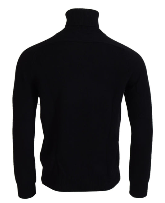 Black Cashmere Turtleneck with Gold Crown Embroidery