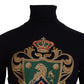 Black Cashmere Turtleneck with Gold Crown Embroidery