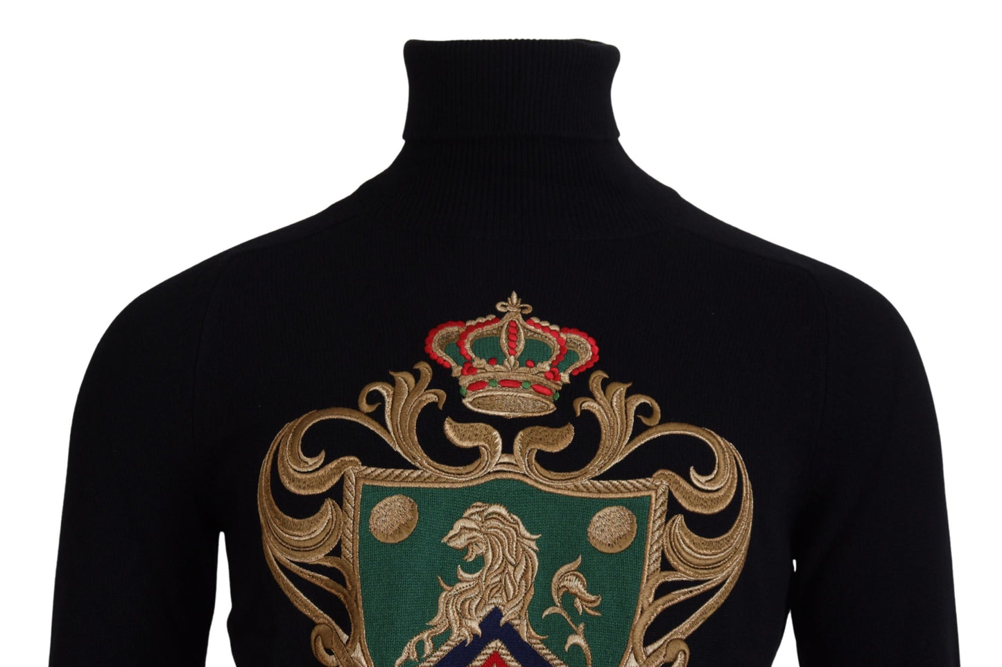 Black Cashmere Turtleneck with Gold Crown Embroidery