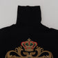 Black Cashmere Turtleneck with Gold Crown Embroidery