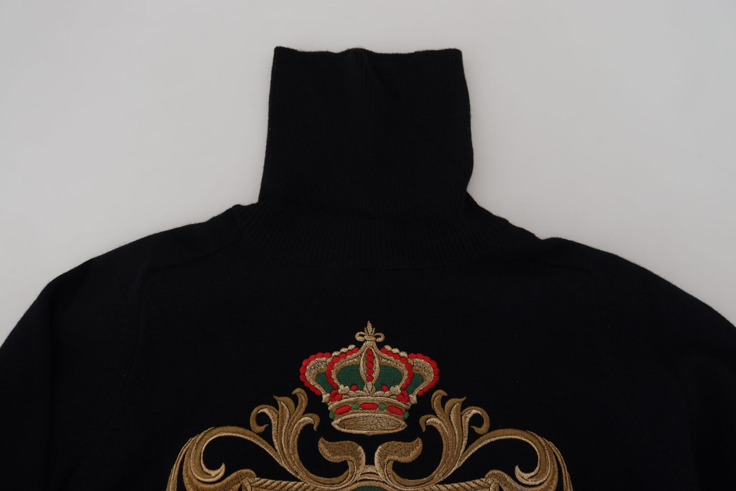 Black Cashmere Turtleneck with Gold Crown Embroidery