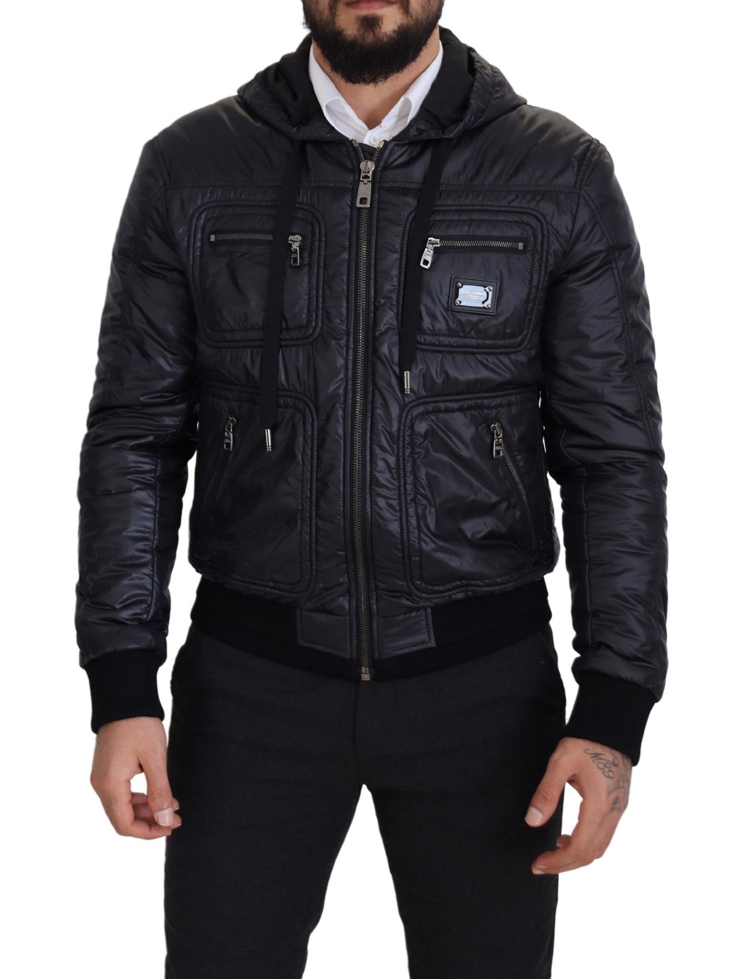 Elegant Black Bomber Jacket with Hood