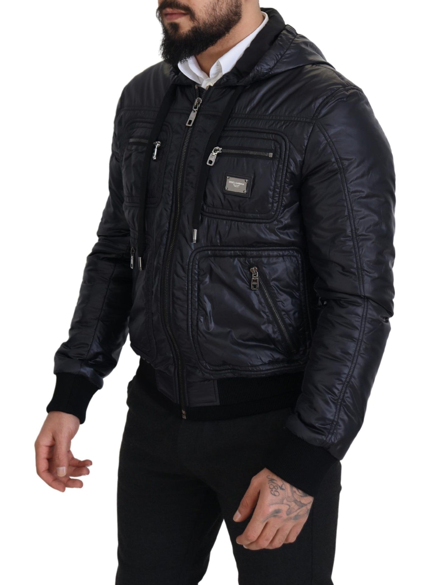 Elegant Black Bomber Jacket with Hood