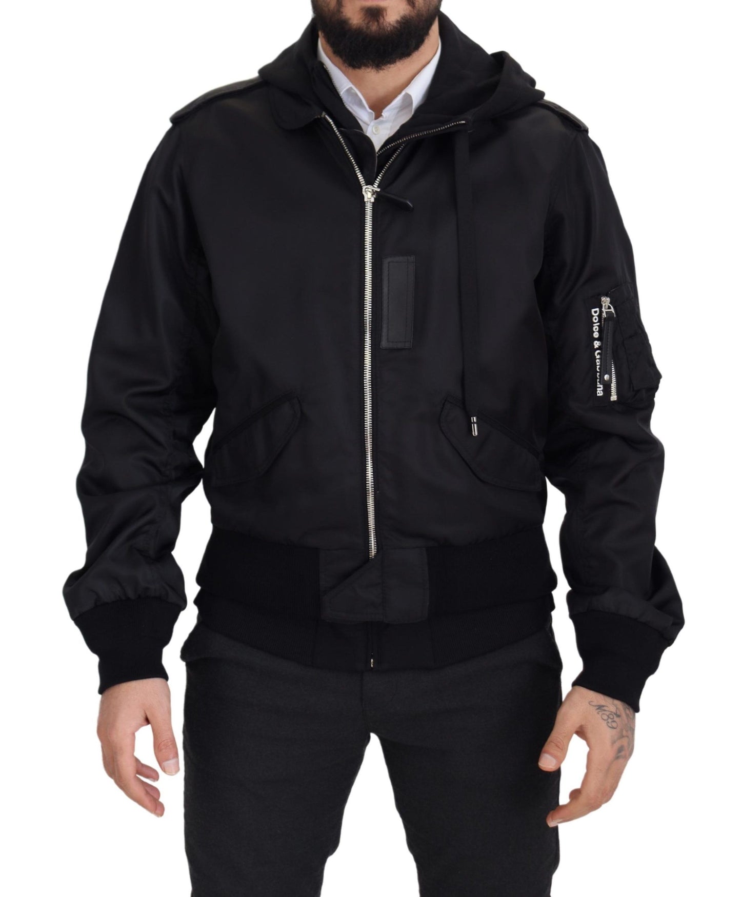 Black Nylon Hooded Full Zip Men Coat Jacket