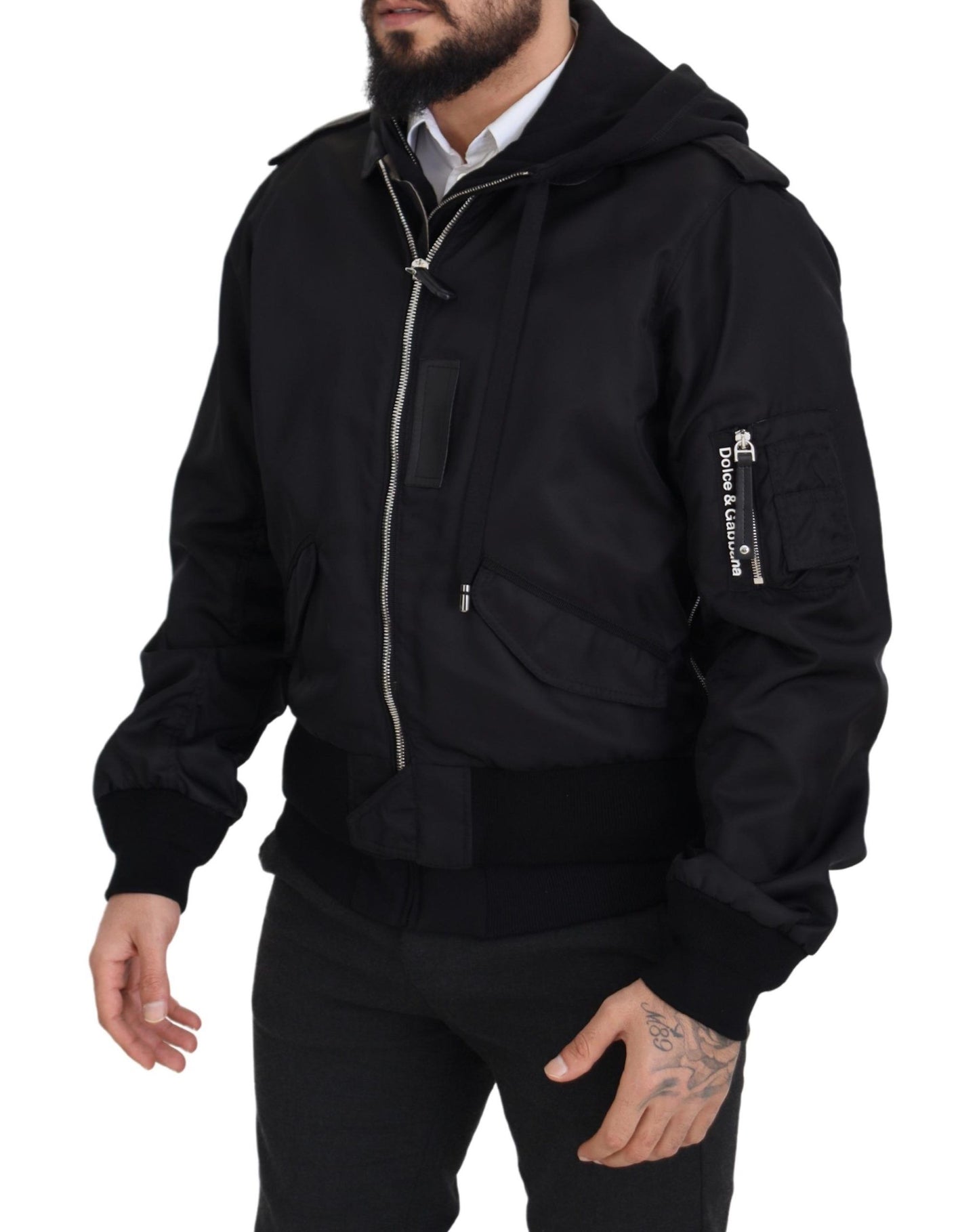 Black Nylon Hooded Full Zip Men Coat Jacket