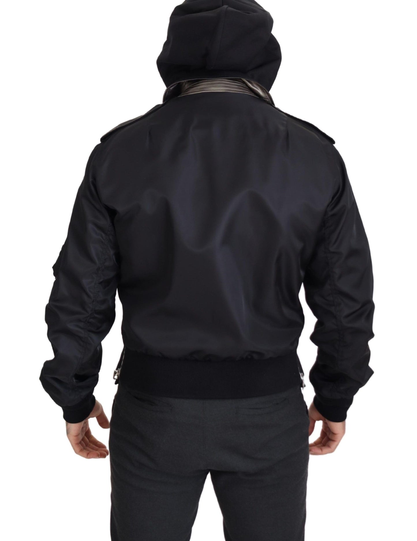 Black Nylon Hooded Full Zip Men Coat Jacket