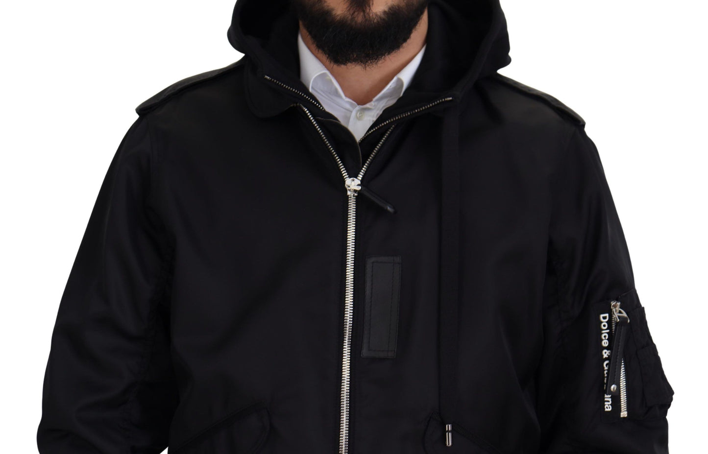 Black Nylon Hooded Full Zip Men Coat Jacket