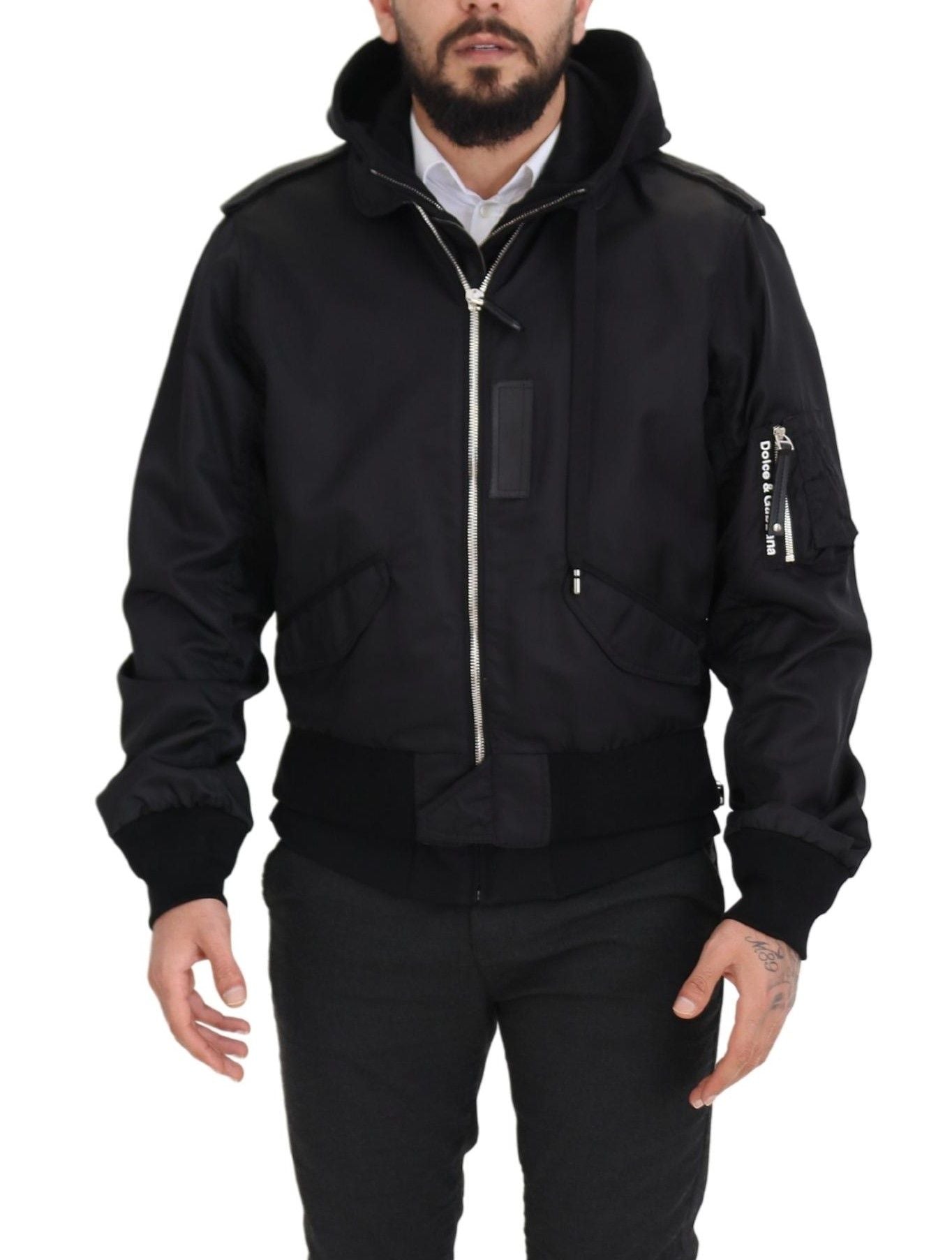 Black Nylon Hooded Full Zip Men Coat Jacket