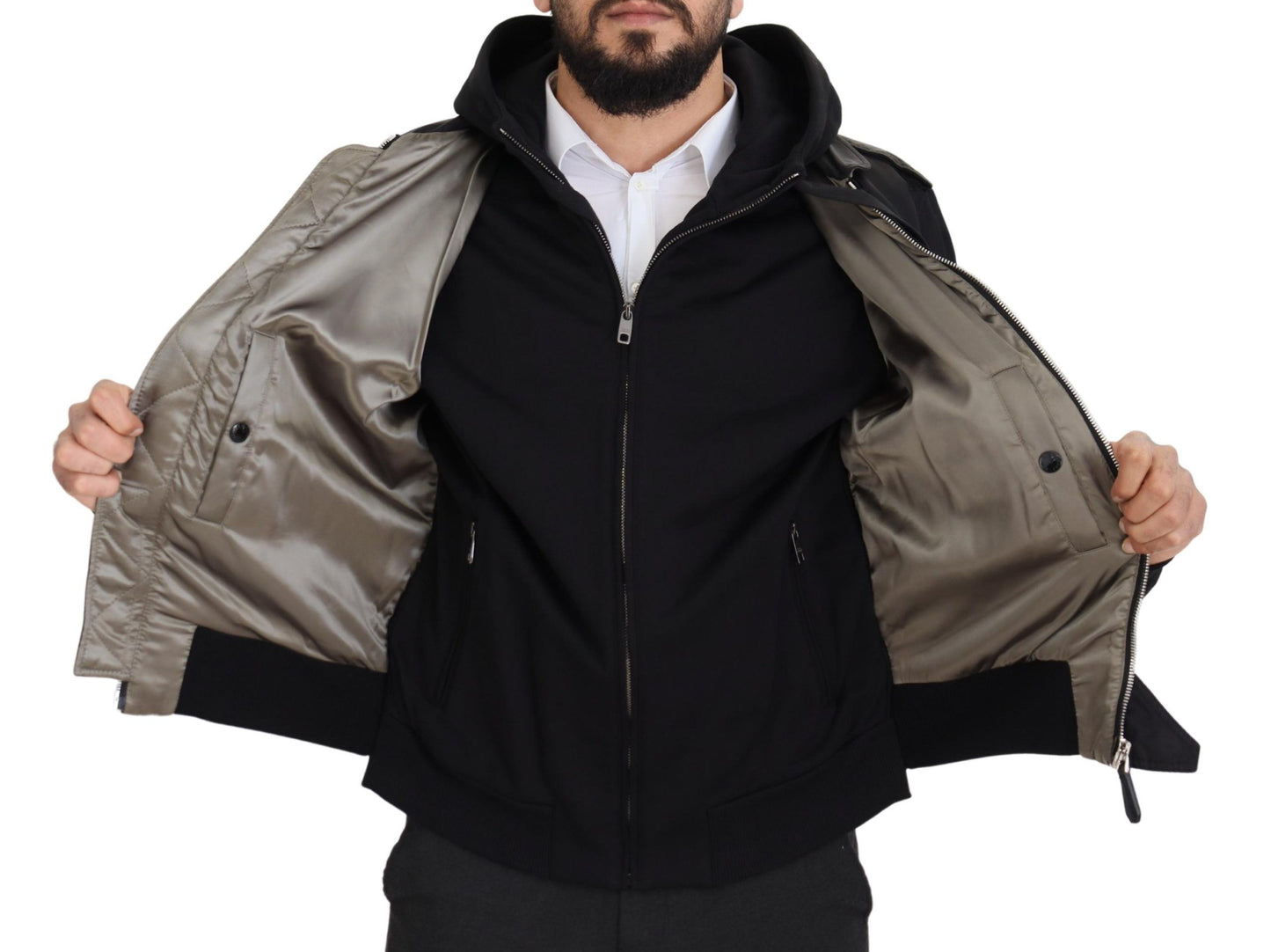 Black Nylon Hooded Full Zip Men Coat Jacket