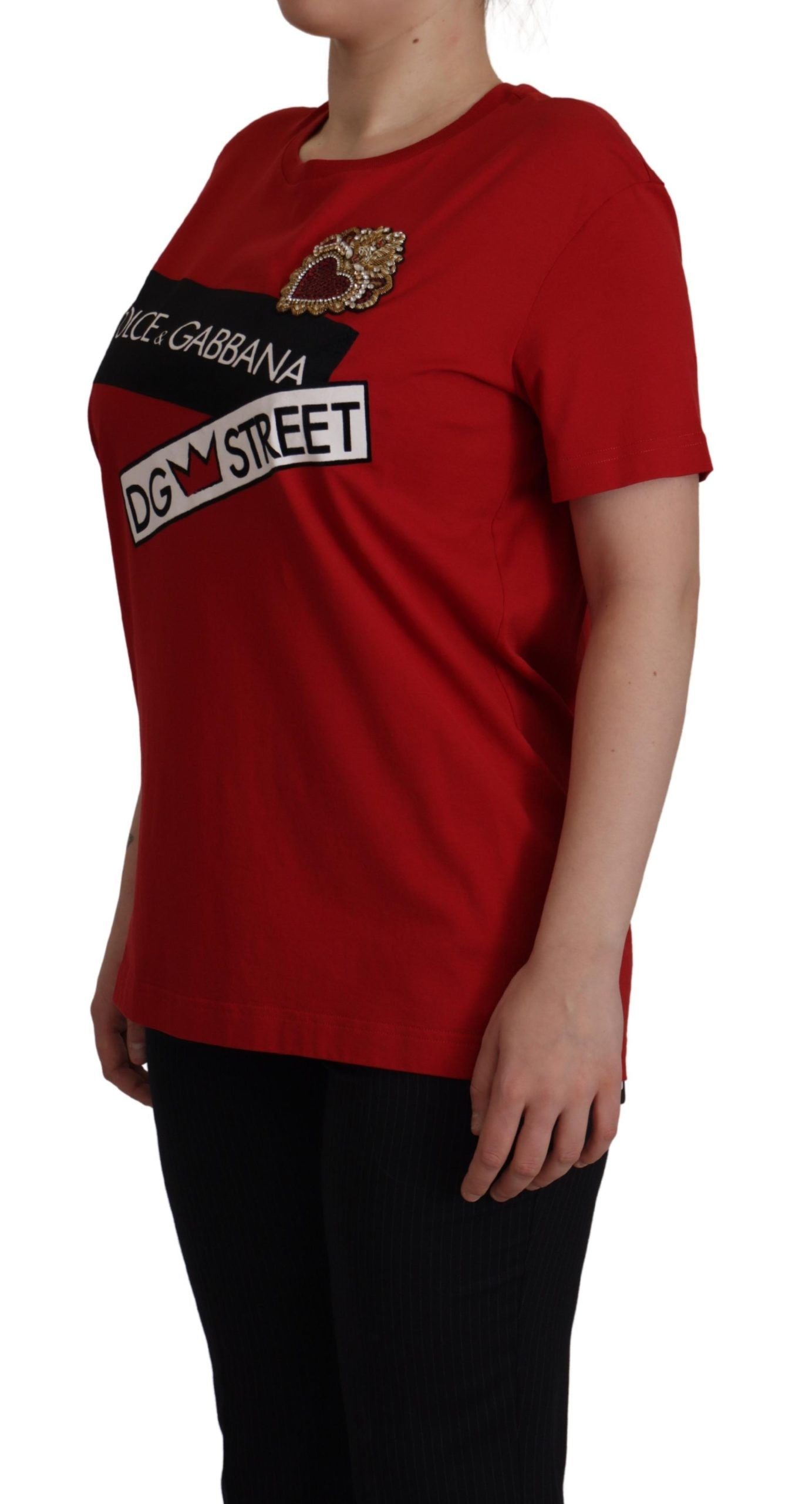 Red Cotton Round Neck Tee with Crown Print