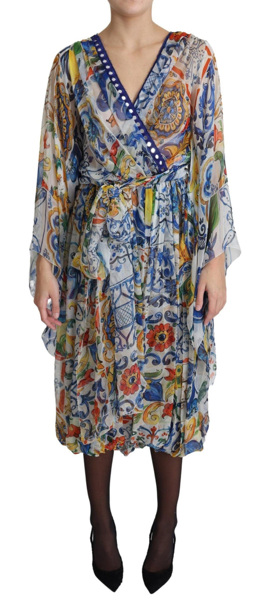 Majolica Print Silk Wrap Midi Dress