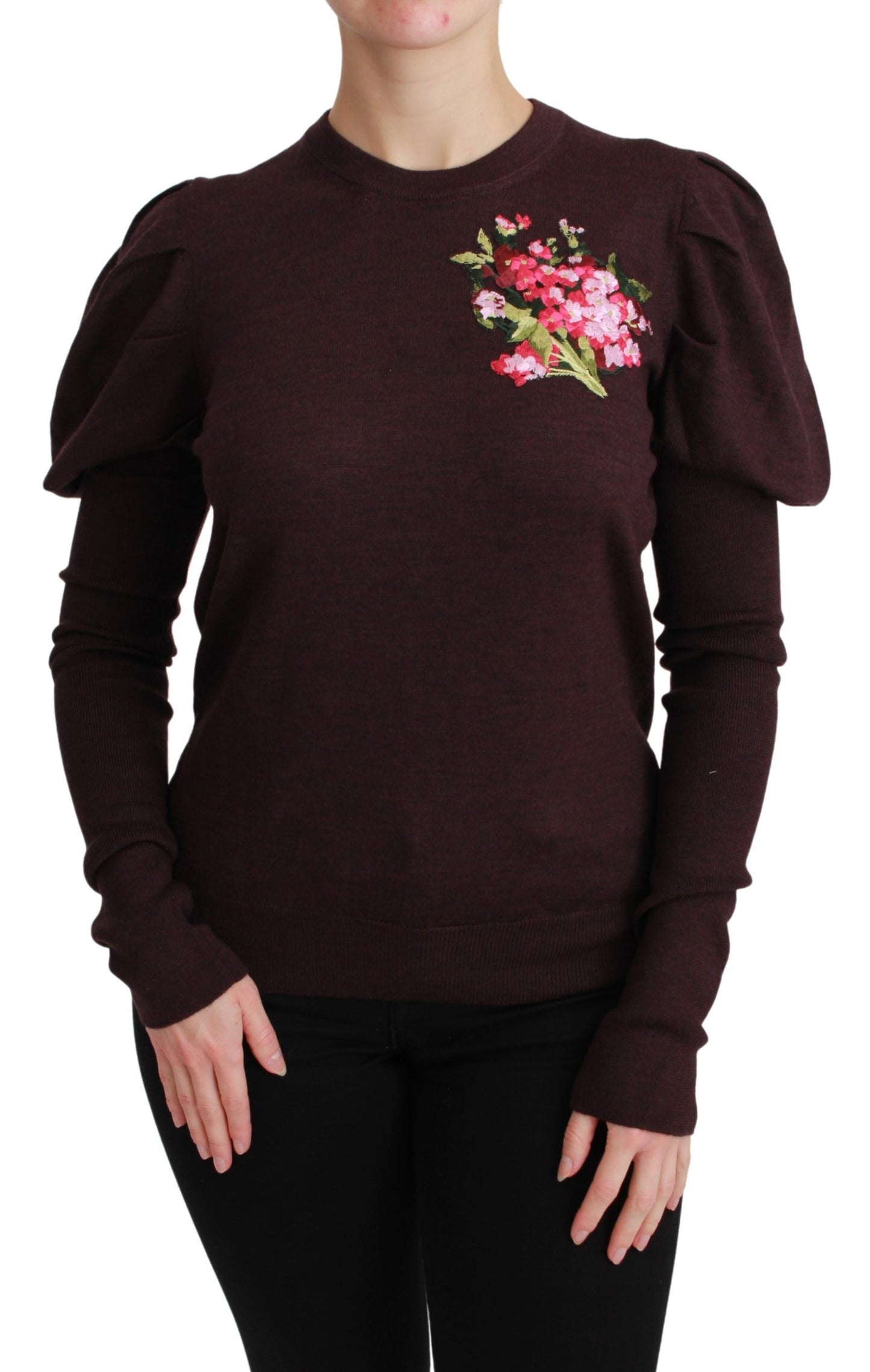 Maroon Floral Embroidered Virgin Wool Sweater