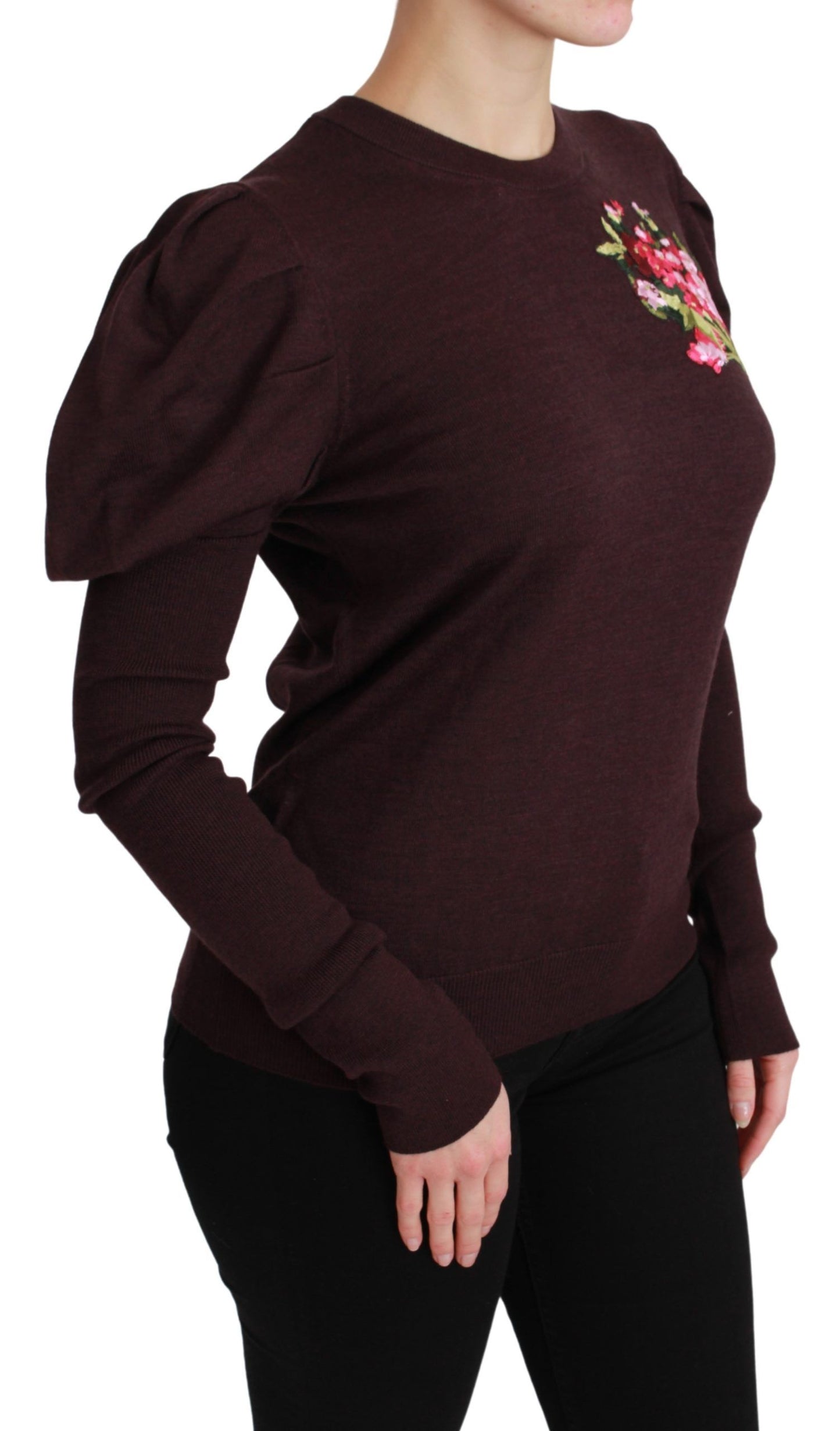 Maroon Floral Embroidered Virgin Wool Sweater