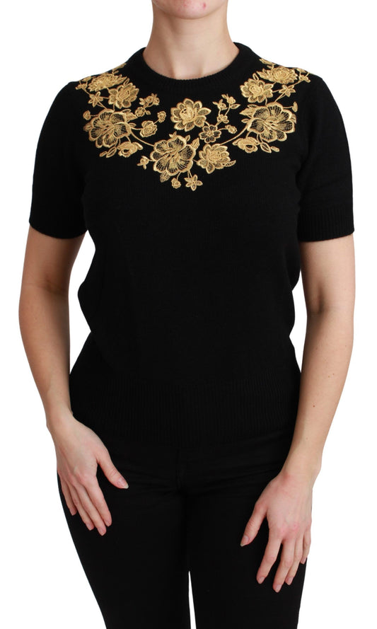 Elegant Cashmere Sweater with Gold Lace Embroidery