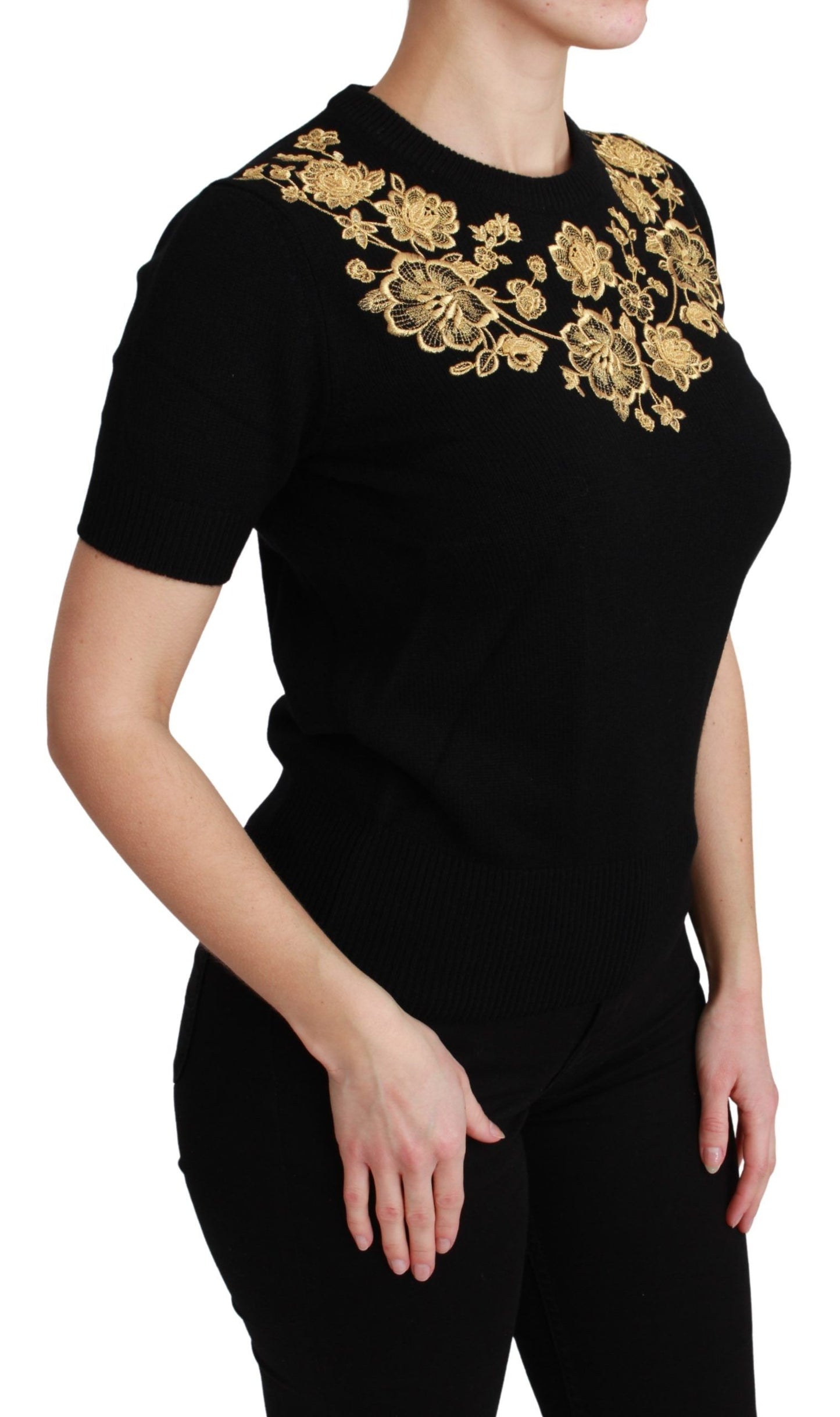 Elegant Cashmere Sweater with Gold Lace Embroidery