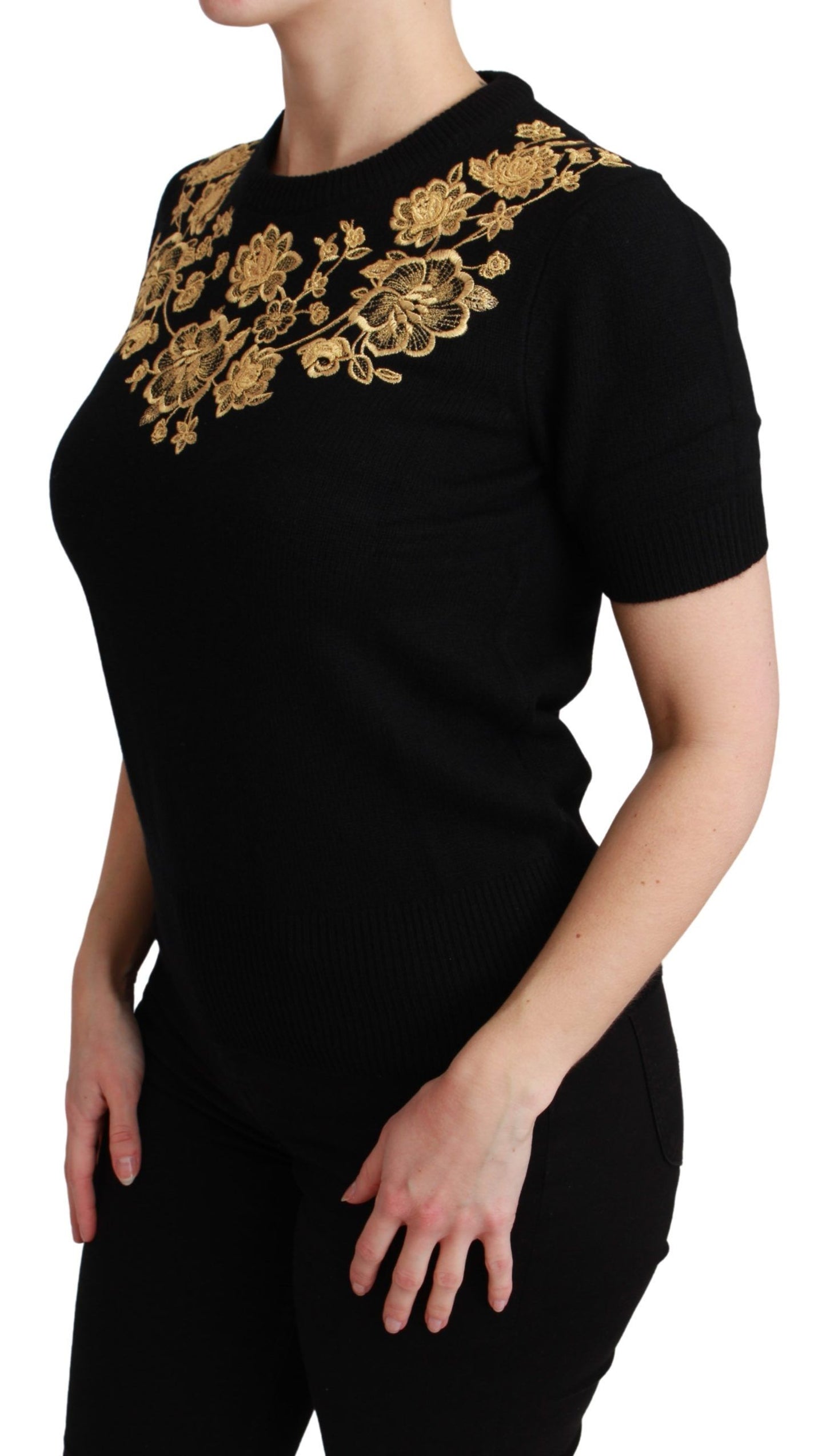 Elegant Cashmere Sweater with Gold Lace Embroidery