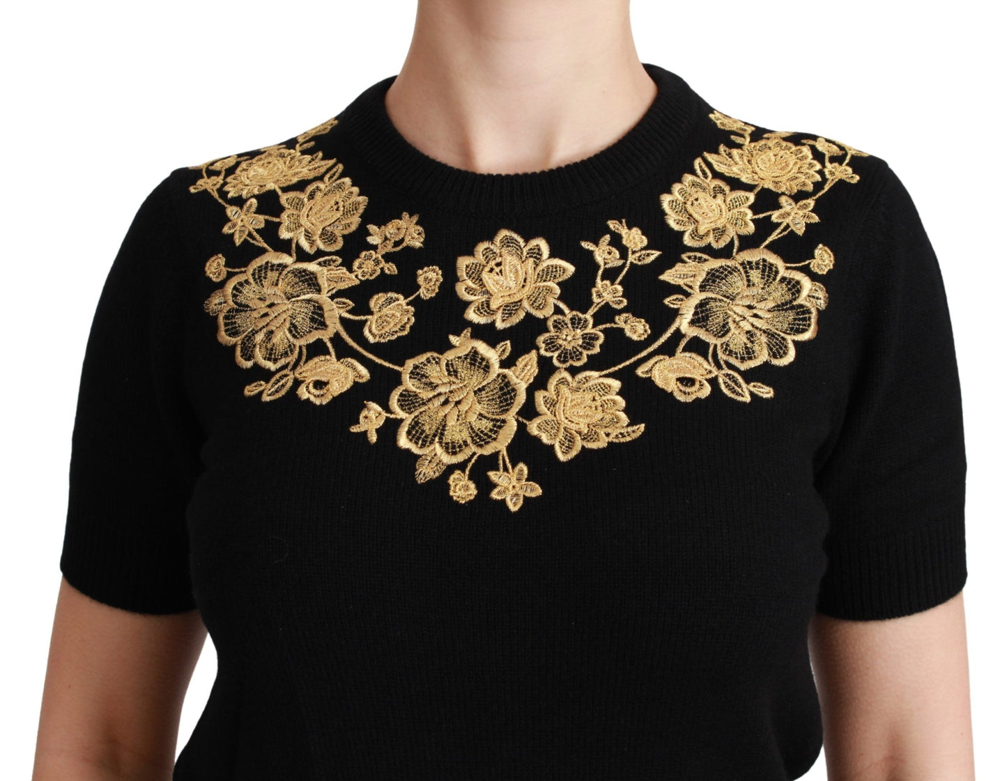 Elegant Cashmere Sweater with Gold Lace Embroidery