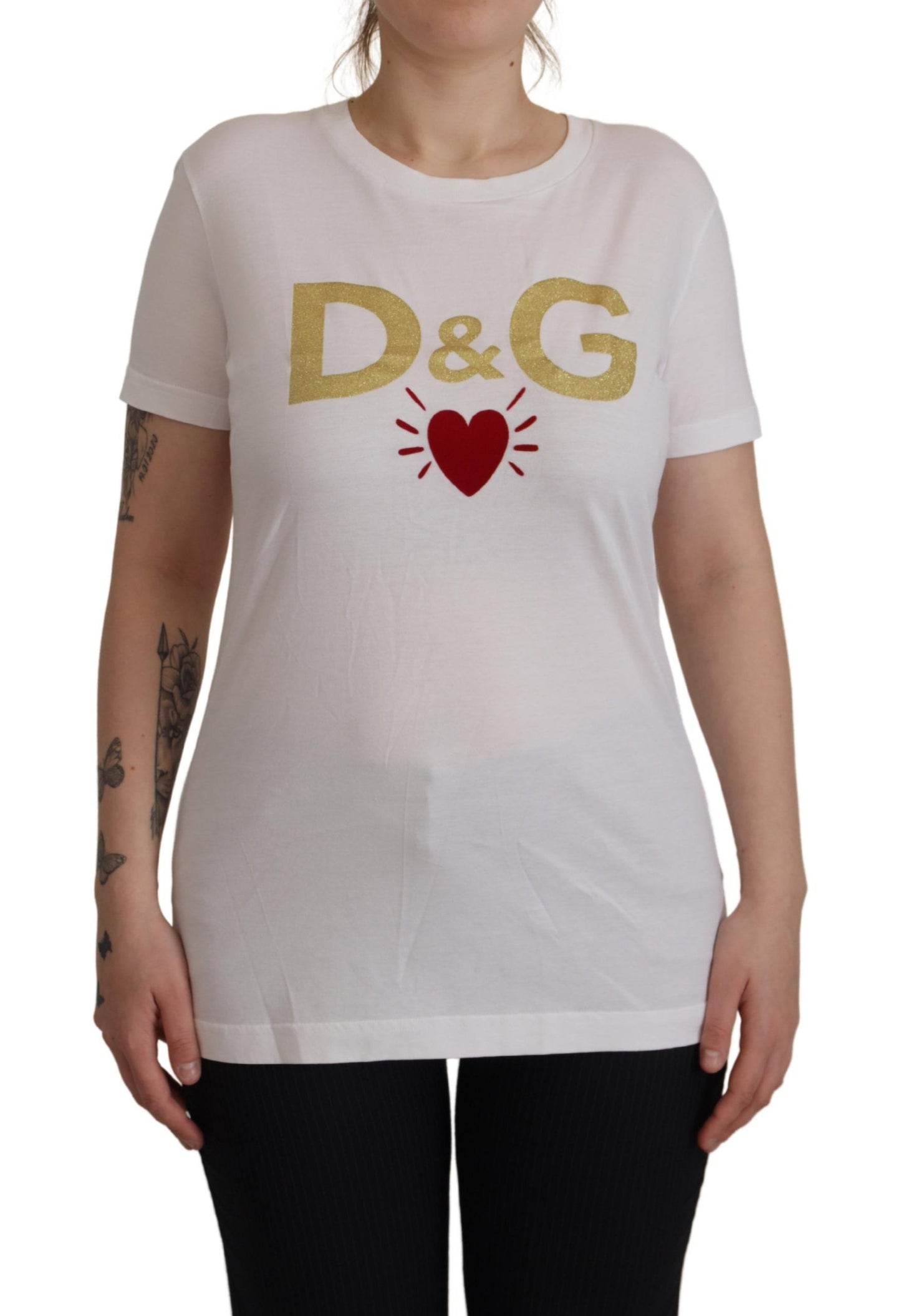 Chic White Cotton Round Neck Tee with Heart Motif