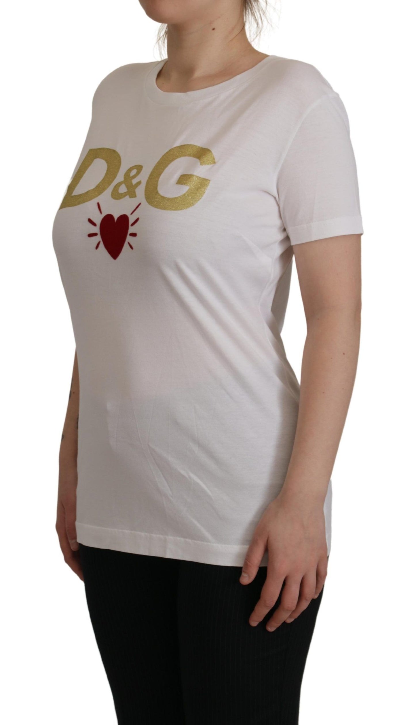 Chic White Cotton Round Neck Tee with Heart Motif