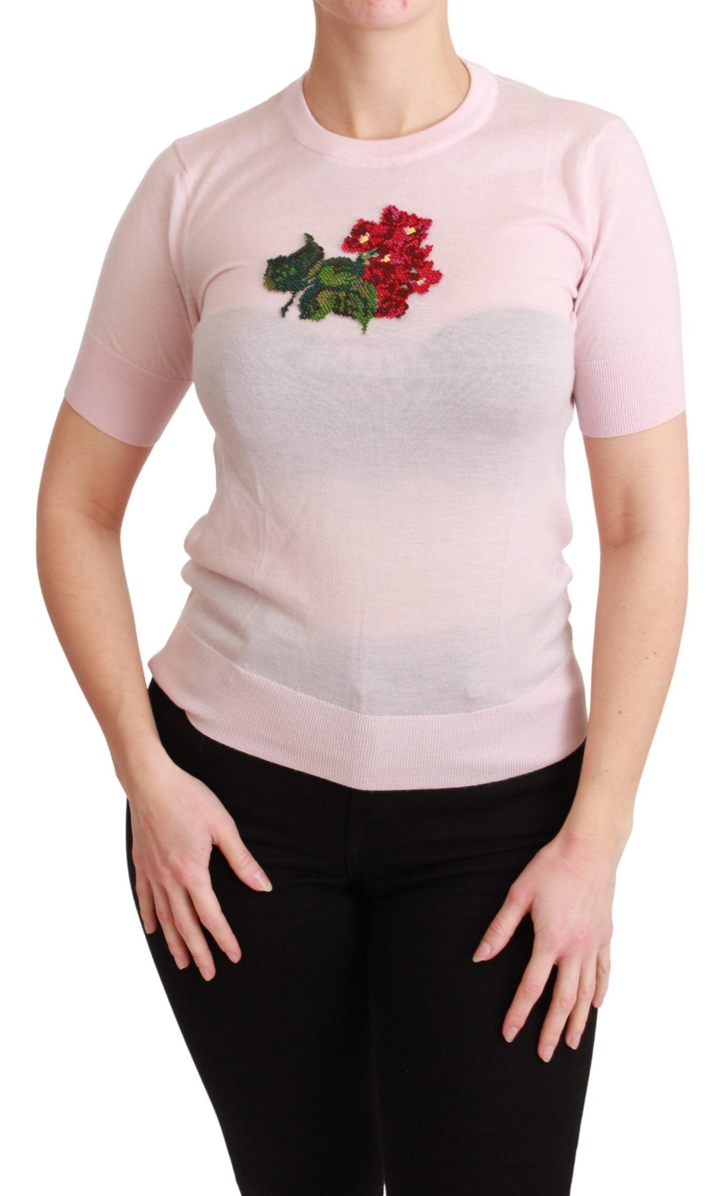 Cashmere Floral Embroidered Short Sleeve Top