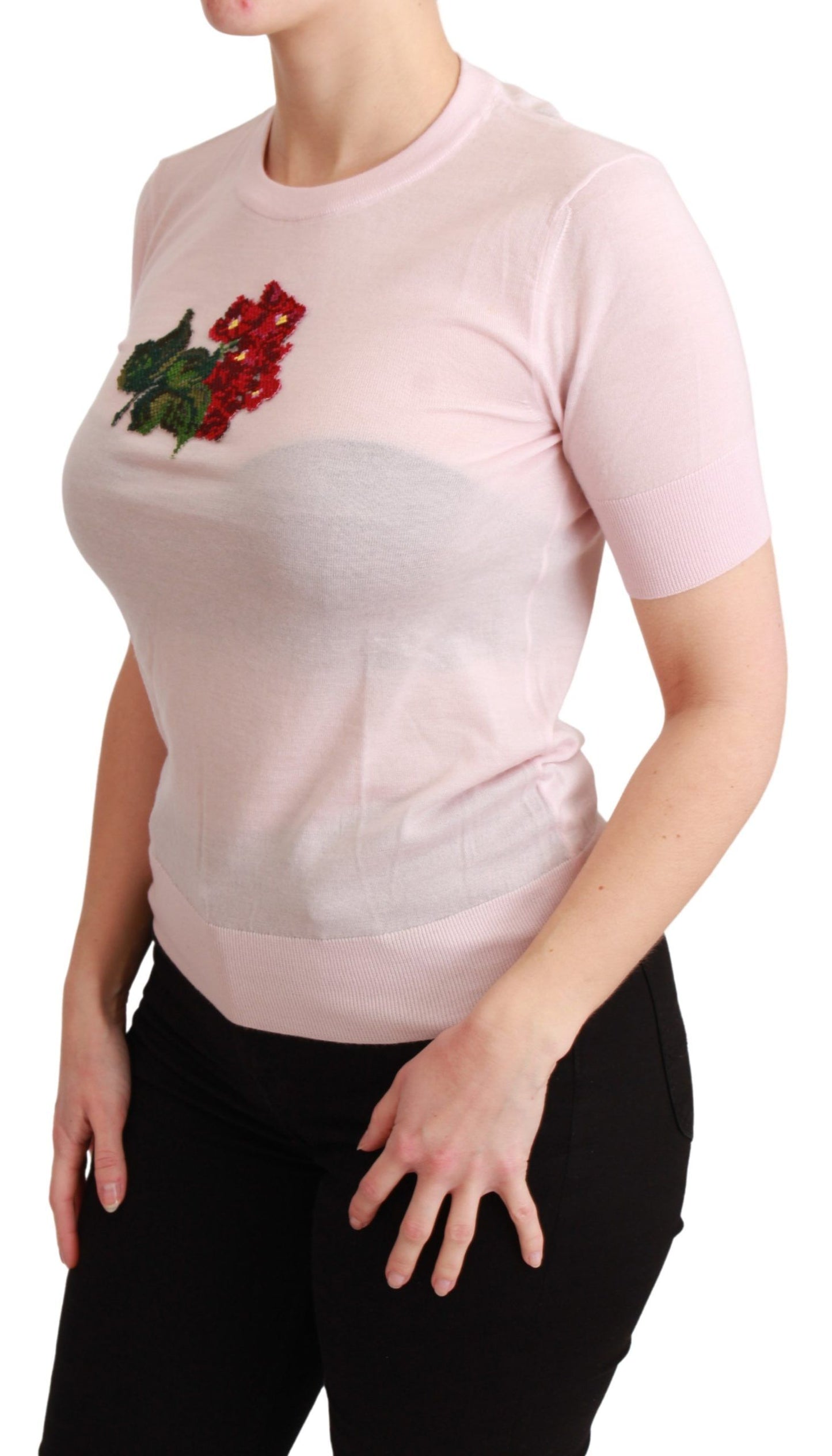 Cashmere Floral Embroidered Short Sleeve Top