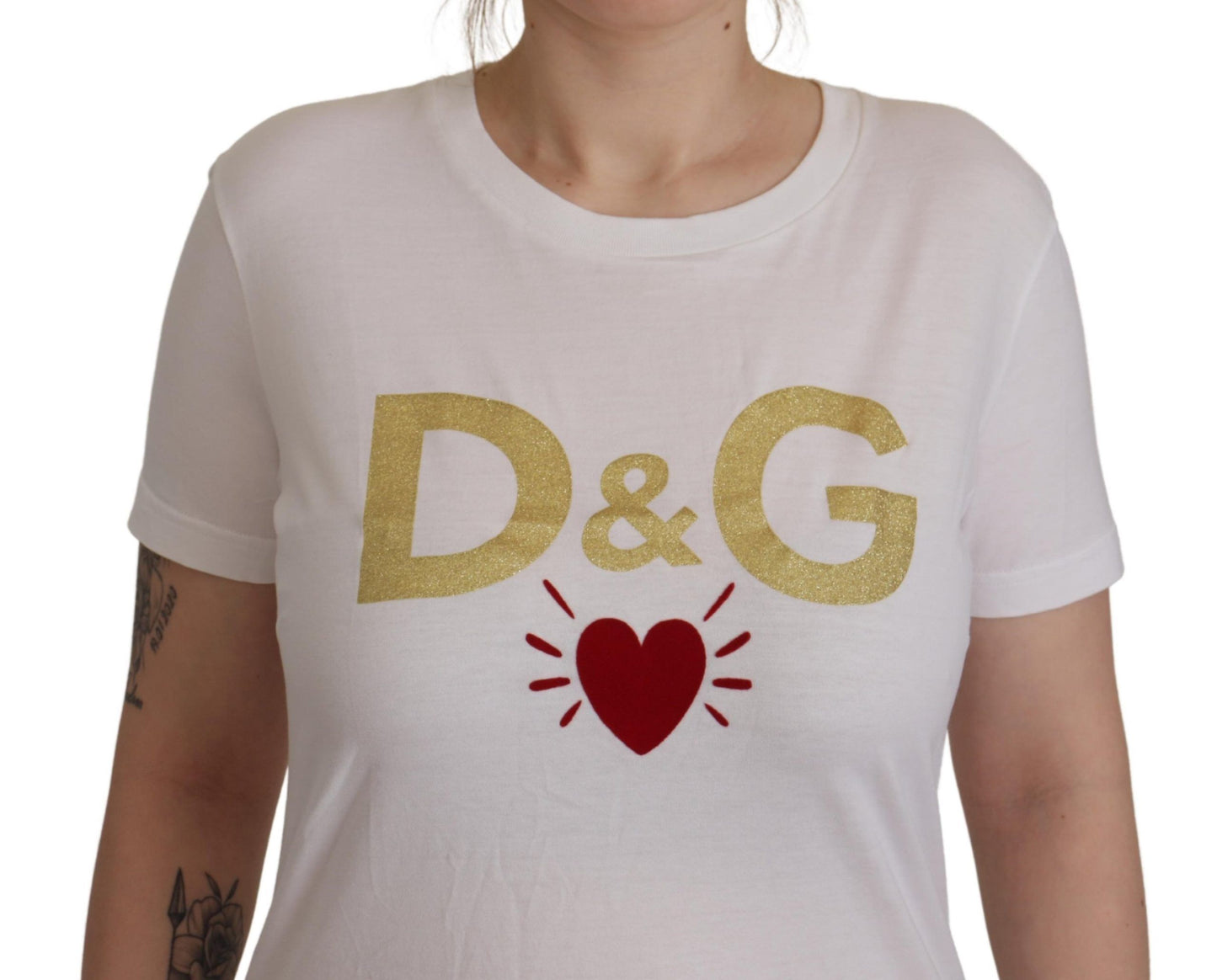 Chic White Cotton Round Neck Tee with Heart Motif