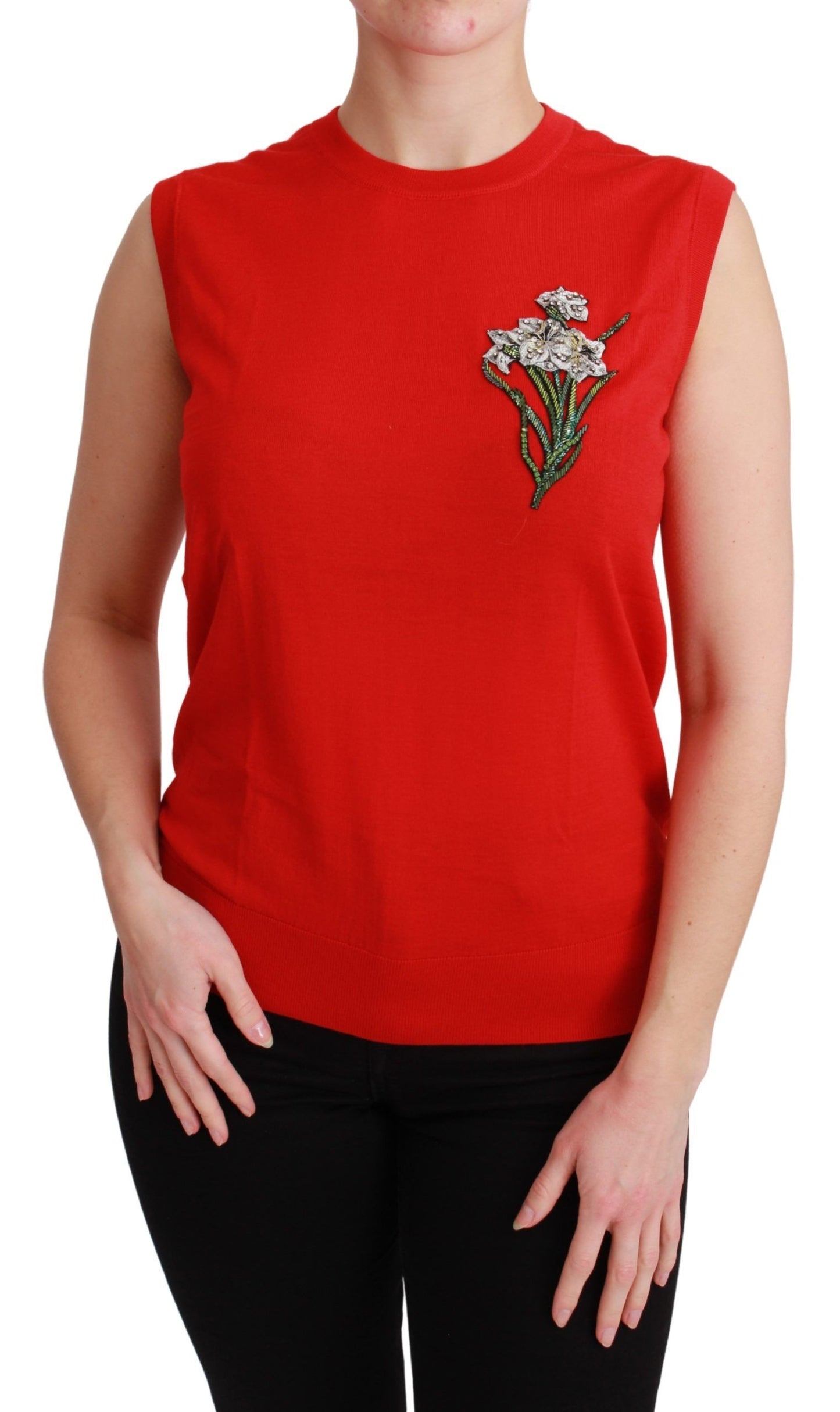 Red Tank Vest Crystal Flower Wool Top