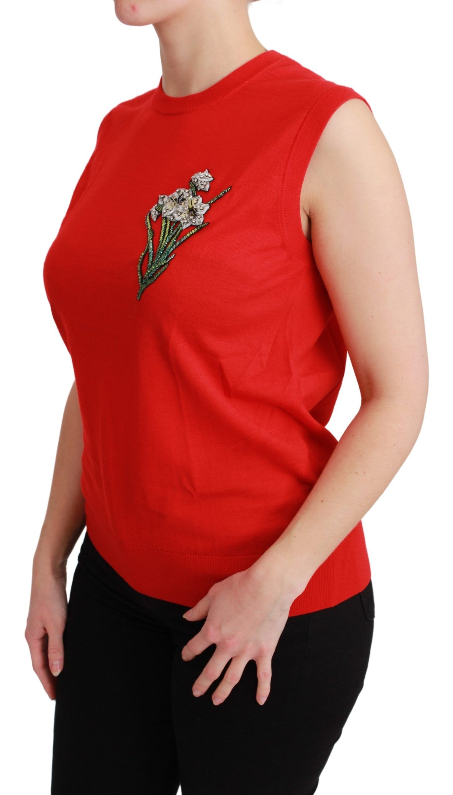 Red Tank Vest Crystal Flower Wool Top