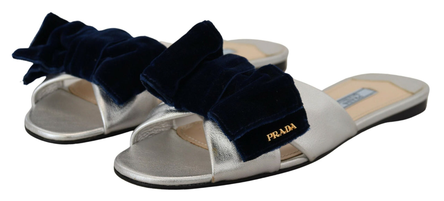 Elegant Silver Navy Prada Leather Flats