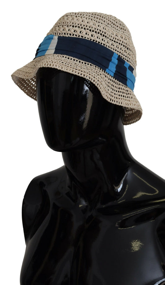 Elegant Beige Bucket Hat with Blue Bow Accent