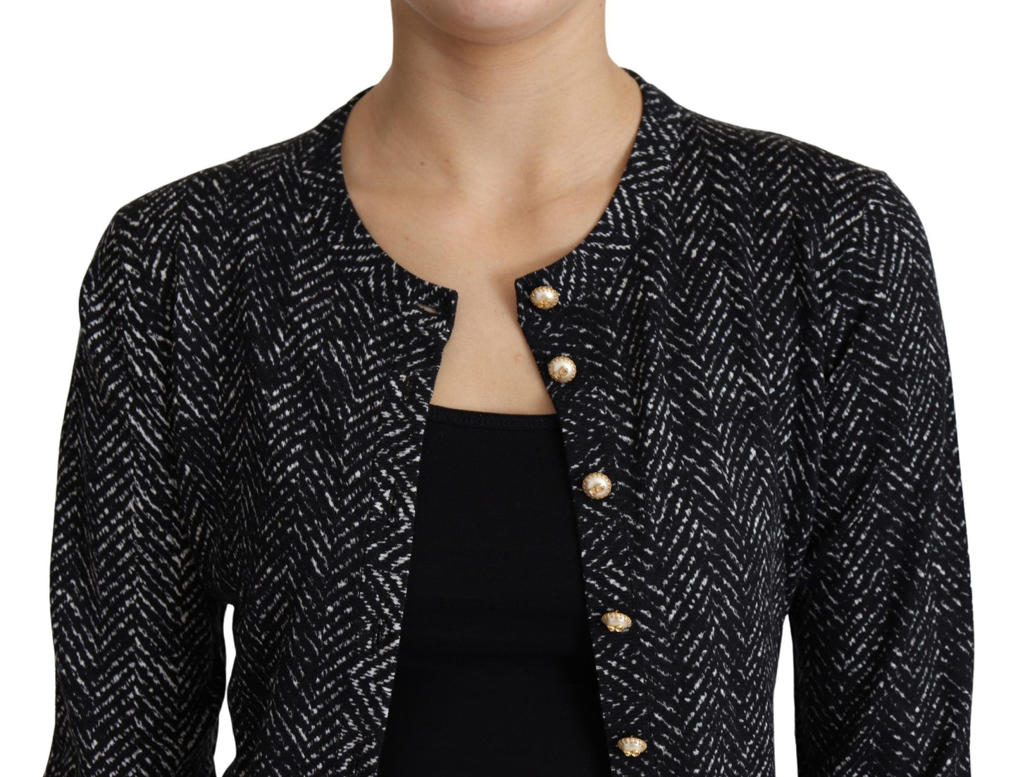 Elegant Chevron Wool Cardigan with Logo Buttons