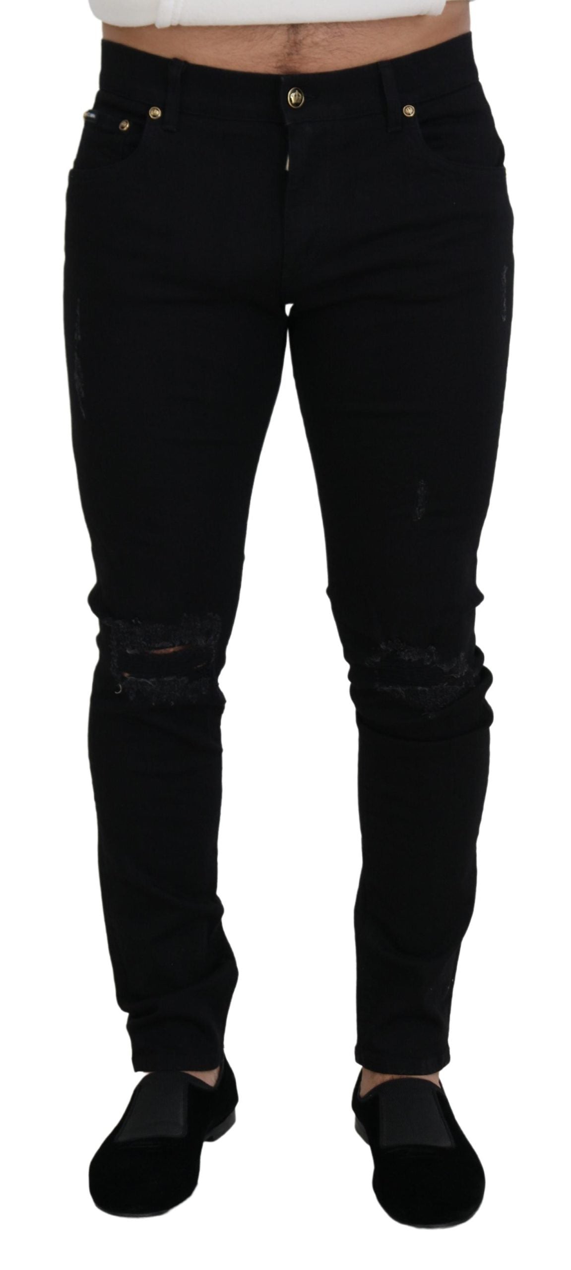 Black Cotton Tattered Skinny Denim Jeans