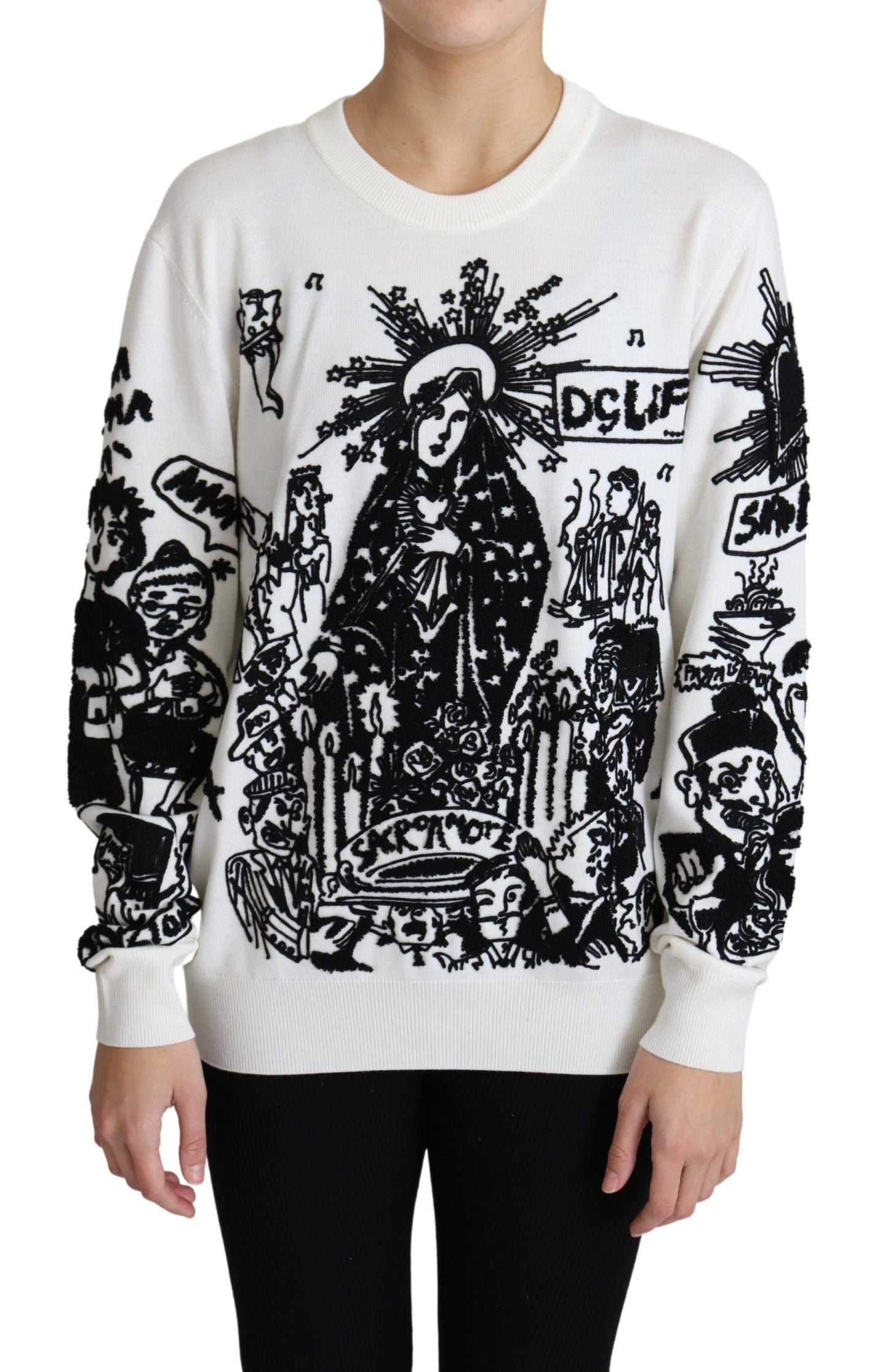 White Wool Graffiti Embroidery Pullover Sweater