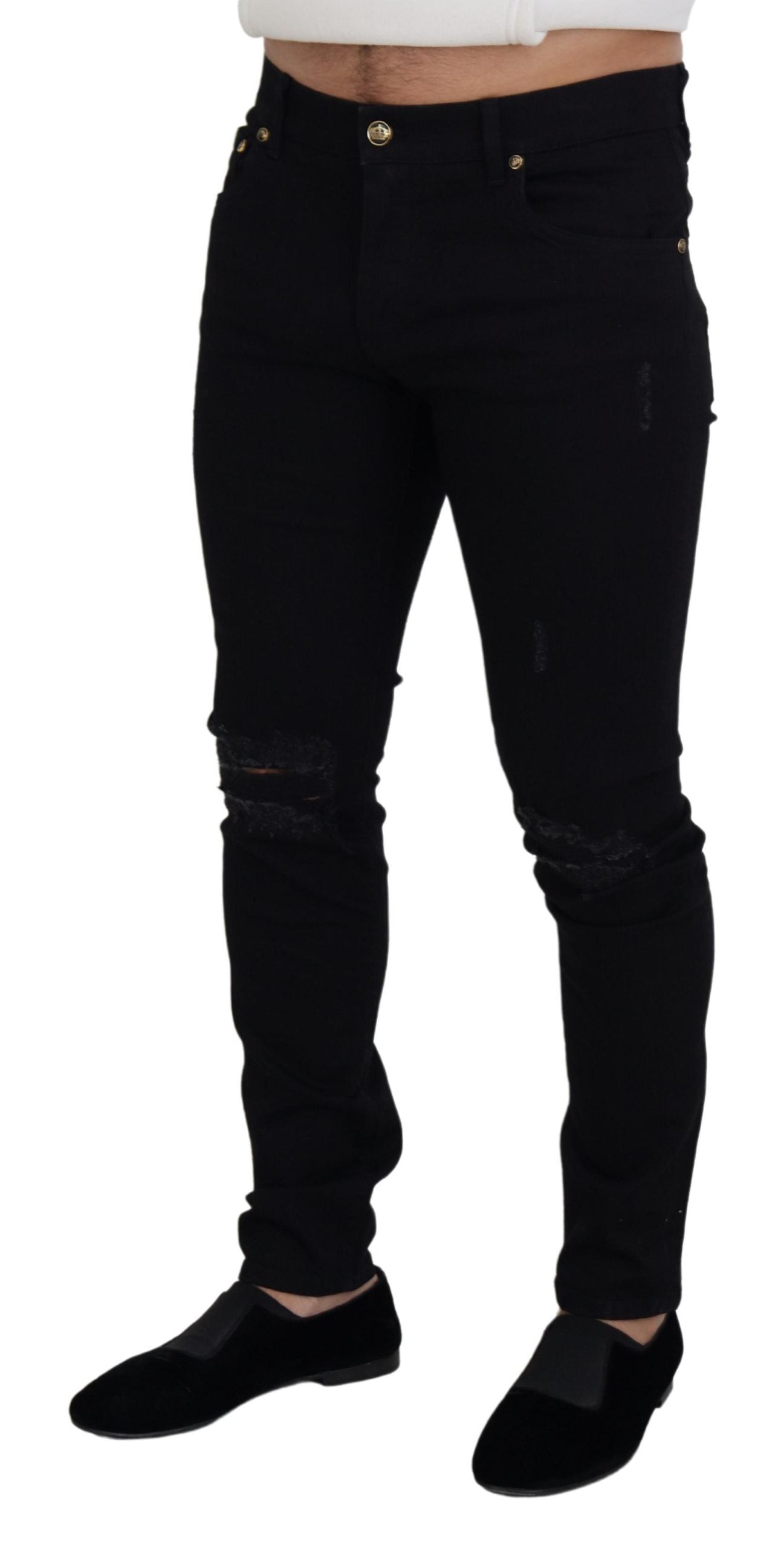 Black Cotton Tattered Skinny Denim Jeans