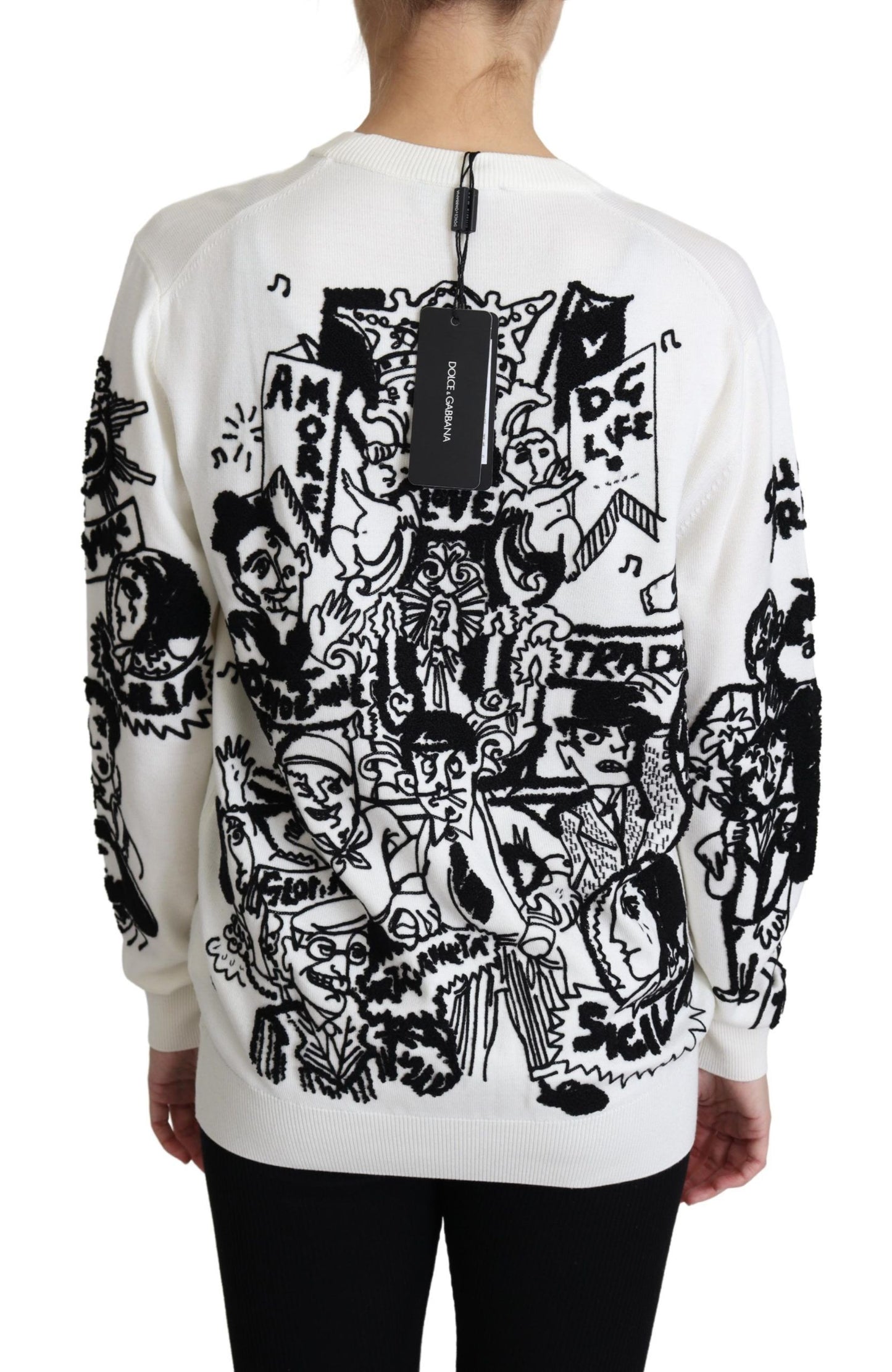 White Wool Graffiti Embroidery Pullover Sweater