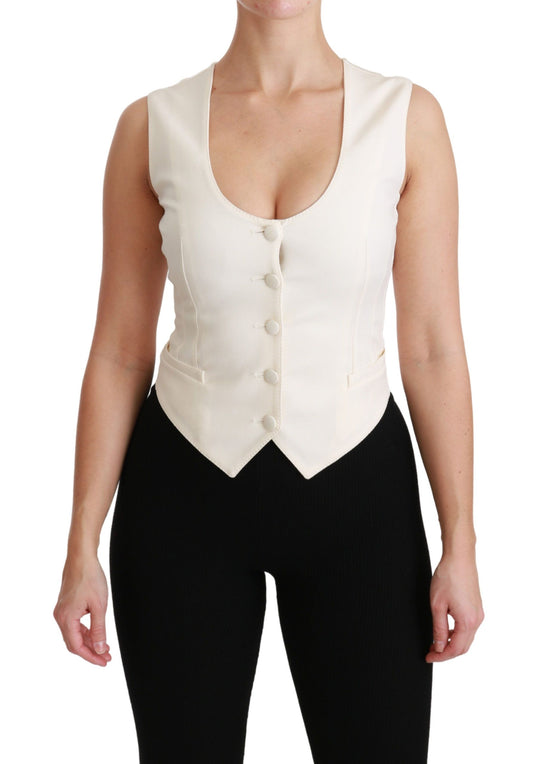 Elegant White Sleeveless Wool-Silk Blend Vest