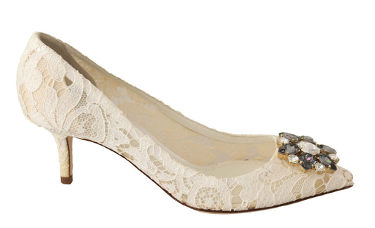 Elegant White Lace Heels with Crystal Embellishment