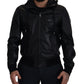 Sleek Black Leather Hooded Bomber Jacket