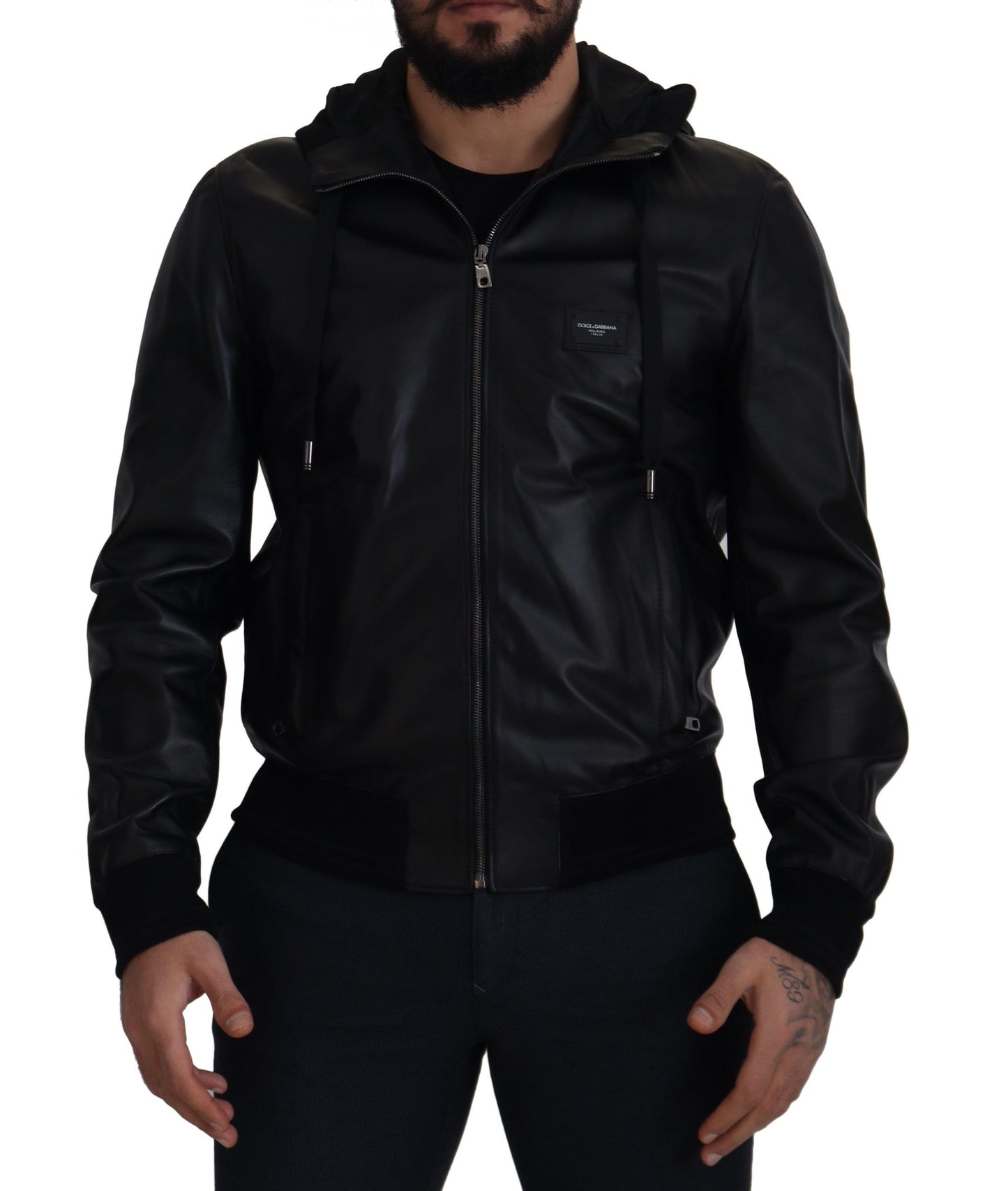 Sleek Black Leather Hooded Bomber Jacket