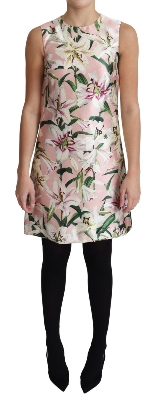 Floral A-Line Mini Silk Dress in Pink