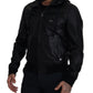 Sleek Black Leather Hooded Bomber Jacket