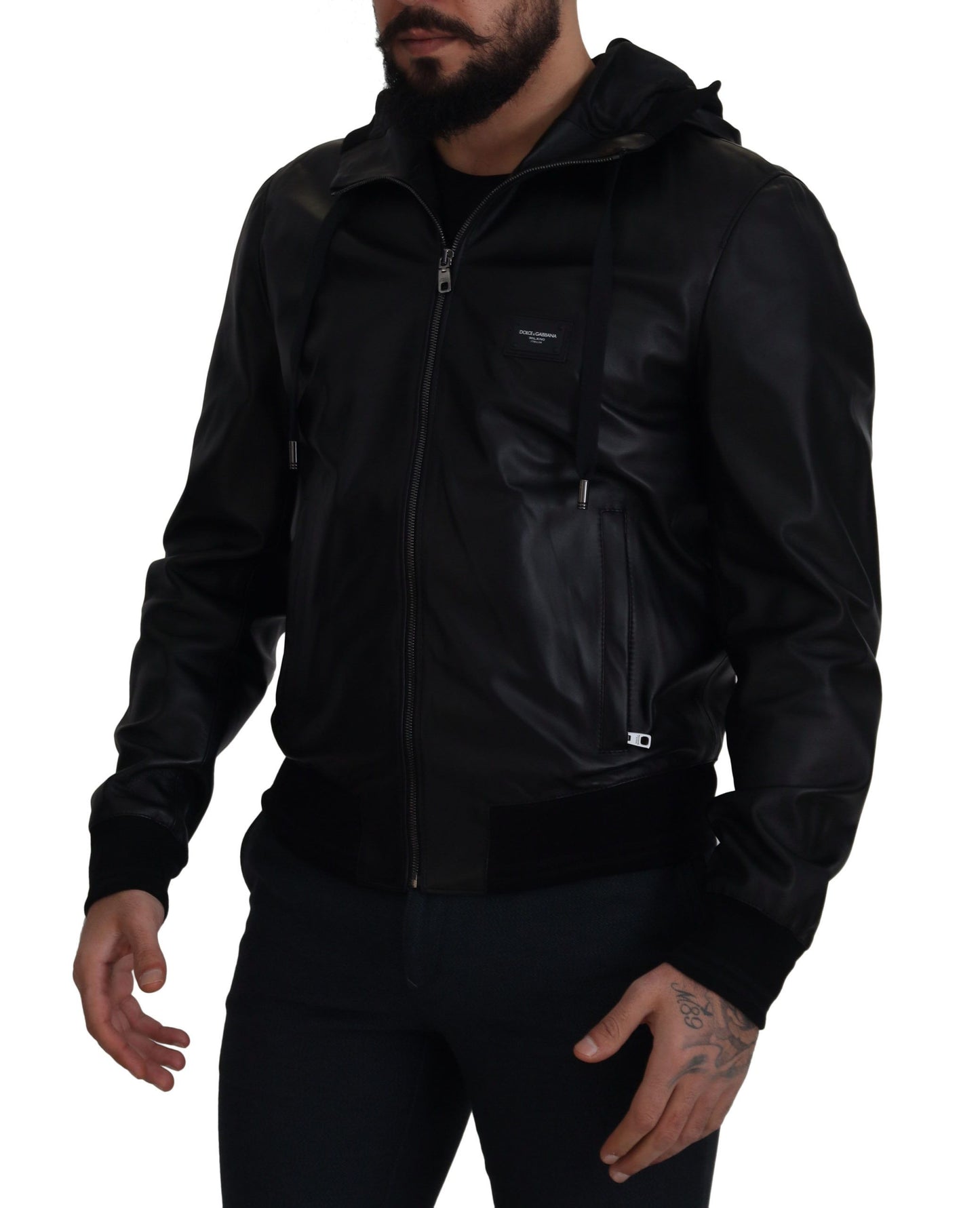 Sleek Black Leather Hooded Bomber Jacket