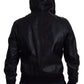 Sleek Black Leather Hooded Bomber Jacket