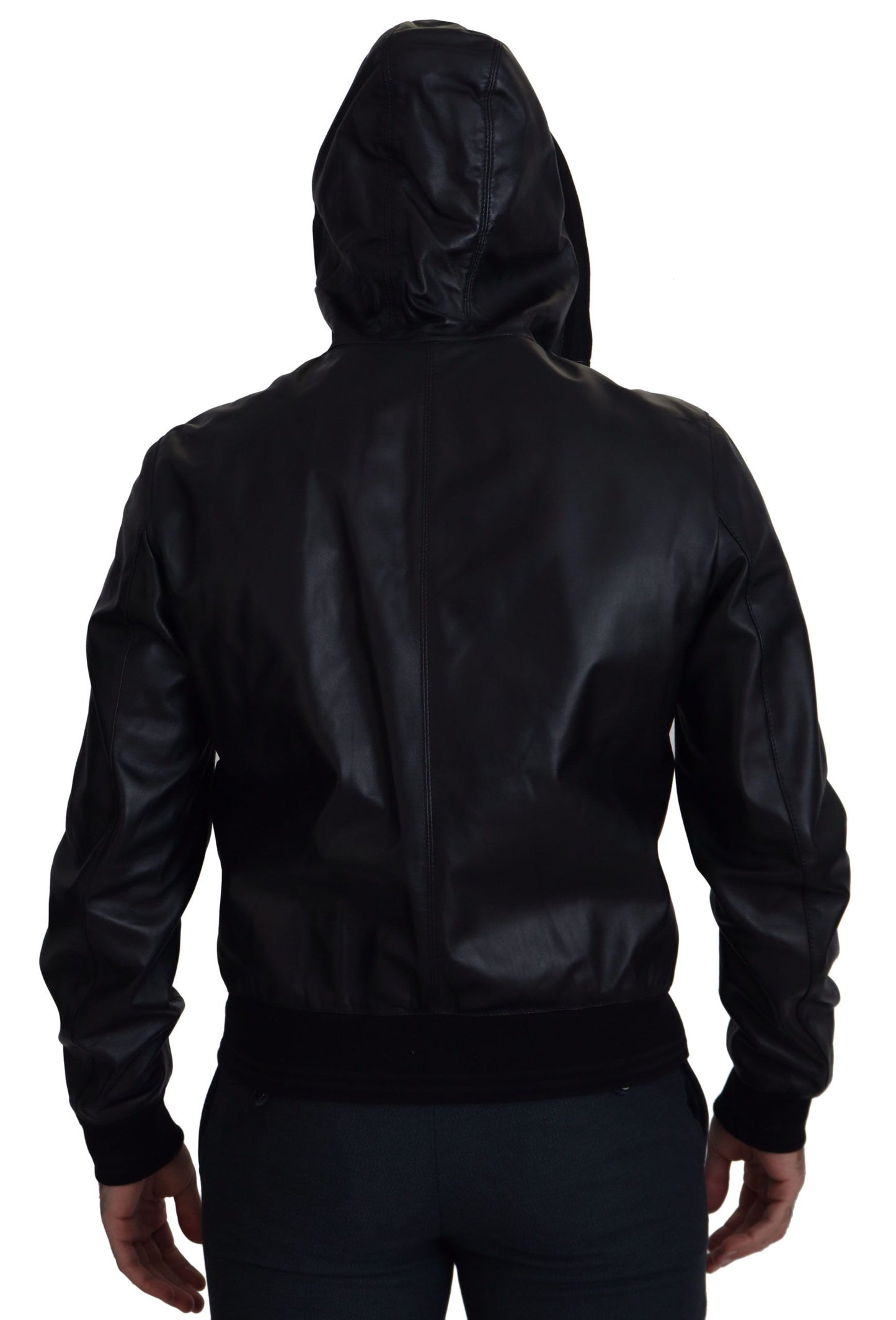 Sleek Black Leather Hooded Bomber Jacket