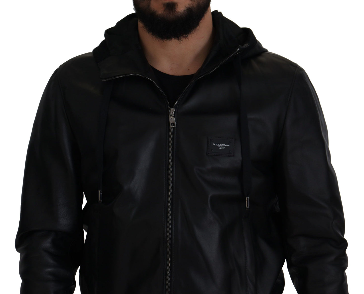 Sleek Black Leather Hooded Bomber Jacket