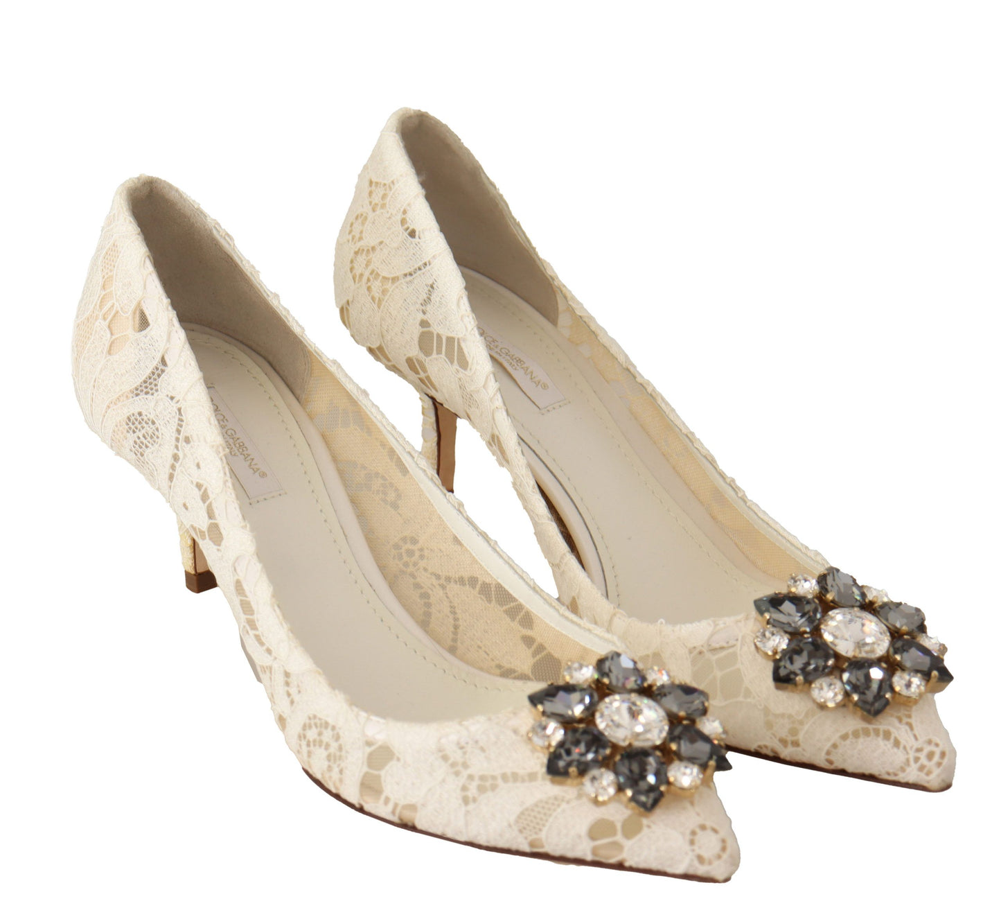 Elegant White Lace Heels with Crystal Embellishment