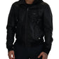 Sleek Black Leather Hooded Bomber Jacket